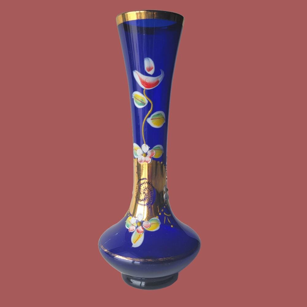 Vintage 1950s Bohemian Czech Hand-Painted Cobalt Glass Vase